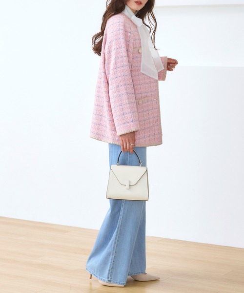 セール】ファンシー ウール ツイード ノーカラー ジャケット