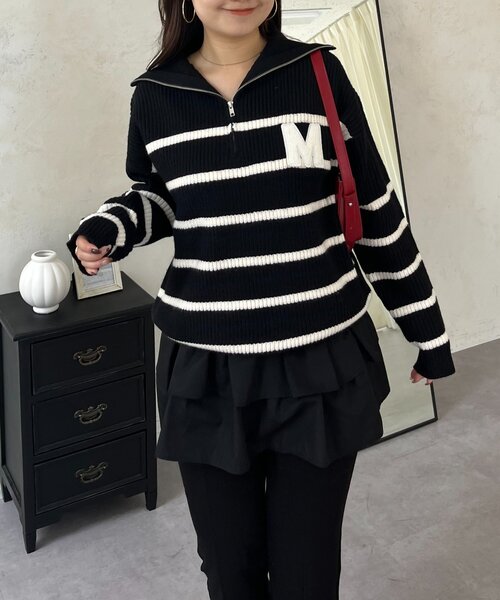 セール】ワッペンロゴハーフジップボーダーニット（ニット/セーター