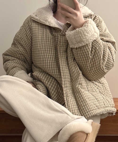 COACH チェック柄 ボア付き ジャケット セール】チェック柄 ボア 2WAYジップ付きジャケット（その他アウター