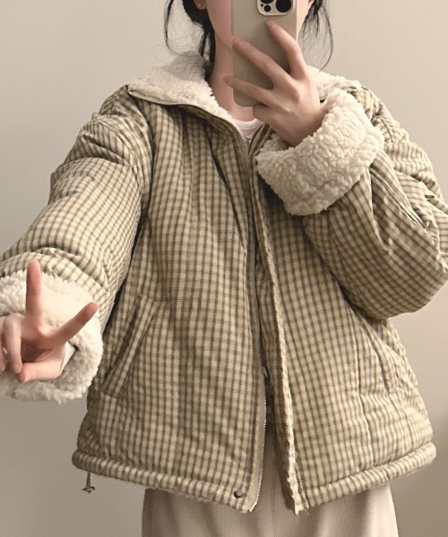 Aelina(エリナ)の「チェック柄 ボア 2WAYジップ付きジャケット(その他アウター・レディース・ブラウン/ベージュ/ブラック・F)」の18枚目の写真
