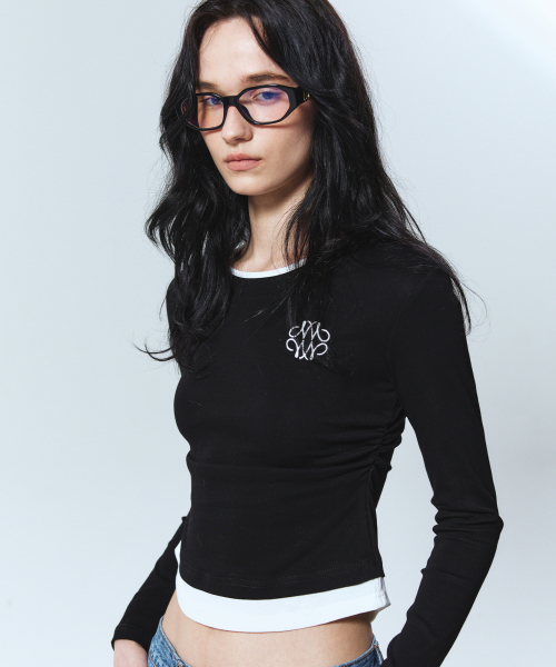 NICK&NICOLE（ニックアンドニコール）の「SHIRRING DOUBLE LAYERED TOP_BLACK（Tシャツ/カットソー・レディース・その他・LARGE/MEDIUM）」の2枚目の写真