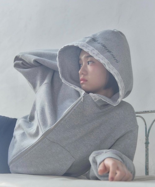 smyeon スミョン グレー パーカー Oversize lace zip hoodie /レース付きオーバーサイズジップフーディ
