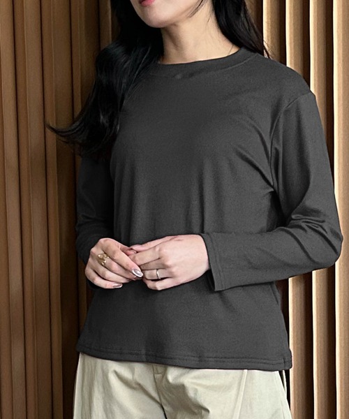LOWO(ロワ)の「クルーネック カットソー 長袖 きれいめ レディース インナー ロンT(Tシャツ/カットソー・レディース・ラベンダー/マスタード/ホワイト/ブラウン/レッド/アイボリー/ブラック/ブルーグレー/カーキ・FREE)」の16枚目の写真