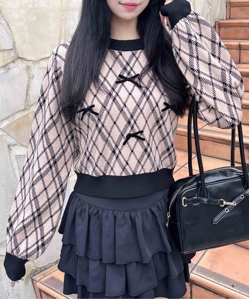 INGNI（イング）の「チェック柄ジャガードリボンニット（ニット/セーター・レディース・ホワイト×ブラック/ベージュ系その他2・M）」の2枚目の写真