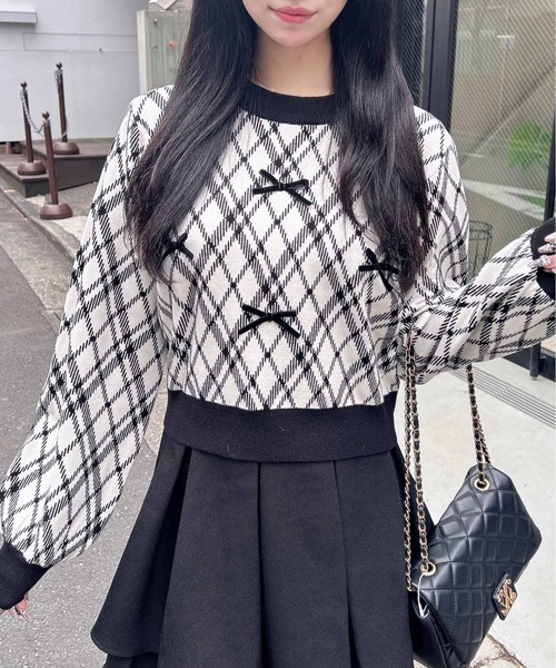 INGNI（イング）の「チェック柄ジャガードリボンニット（ニット/セーター・レディース・ホワイト×ブラック/ベージュ系その他2・M）」の3枚目の写真