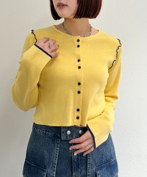 w closet（ダブルクローゼット）の「配色パイピングカーディガン（カーディガン/ボレロ・レディース・グレー/ブラウン/ネイビー/アイボリー/イエロー/インディゴブルー/ブルー・FREE）」の7枚目の写真