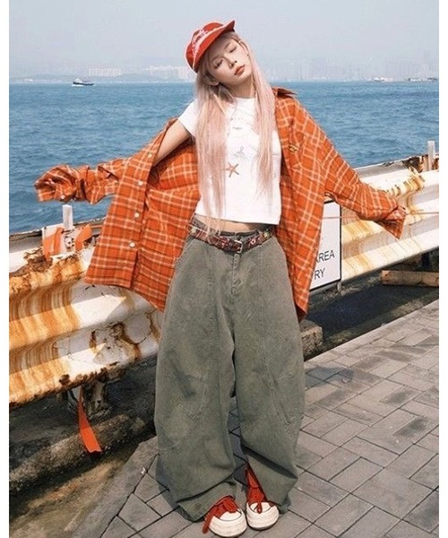 CHEER(チアー)の「ロゴ入りヴィンテージ風チェックシャツ(シャツ/ブラウス・レディース・オレンジ・M/L/S)」の15枚目の写真