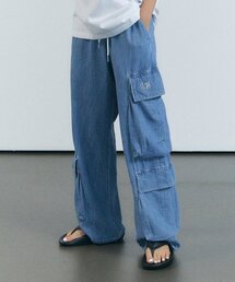 [夏生地] ビッグポケットカーゴデニムパンツ_ライトブルー