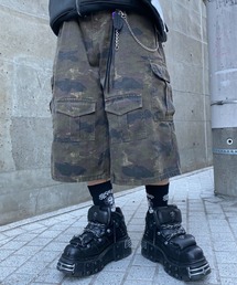 【26年春夏新作】迷彩柄ミリタリー七分丈ハーフワイドカーゴデニムパンツ