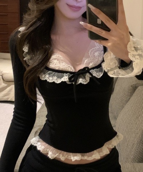 Mejoul（メジュール）の「【2026春夏新作】配色レースフリルリボンタイトカットソー（Tシャツ/カットソー・レディース・ブラック/アイボリー・S/M）」の2枚目の写真