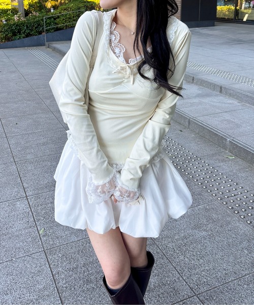 Mejoul（メジュール）の「【2026春夏新作】配色レースフリルリボンタイトカットソー（Tシャツ/カットソー・レディース・ブラック/アイボリー・S/M）」の9枚目の写真