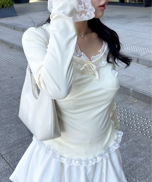 Mejoul（メジュール）の「【2026春夏新作】配色レースフリルリボンタイトカットソー（Tシャツ/カットソー・レディース・ブラック/アイボリー・S/M）」の8枚目の写真