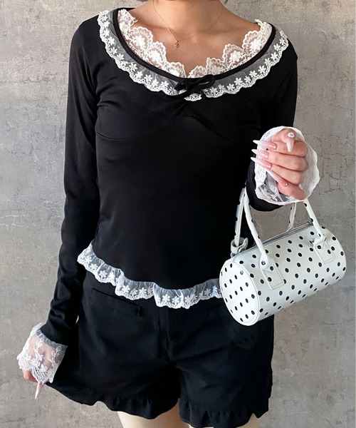 Mejoul（メジュール）の「【2026春夏新作】配色レースフリルリボンタイトカットソー（Tシャツ/カットソー・レディース・ブラック/アイボリー・S/M）」の11枚目の写真