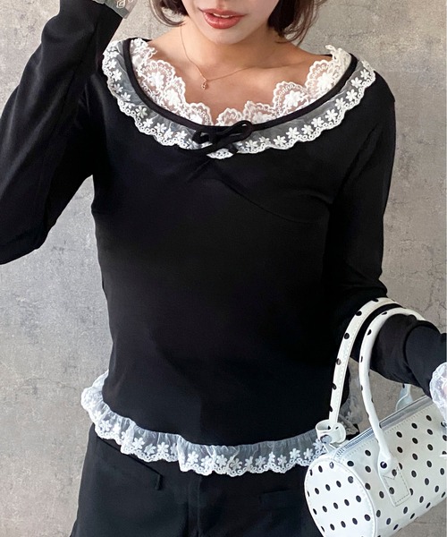 Mejoul（メジュール）の「【2026春夏新作】配色レースフリルリボンタイトカットソー（Tシャツ/カットソー・レディース・ブラック/アイボリー・S/M）」の13枚目の写真