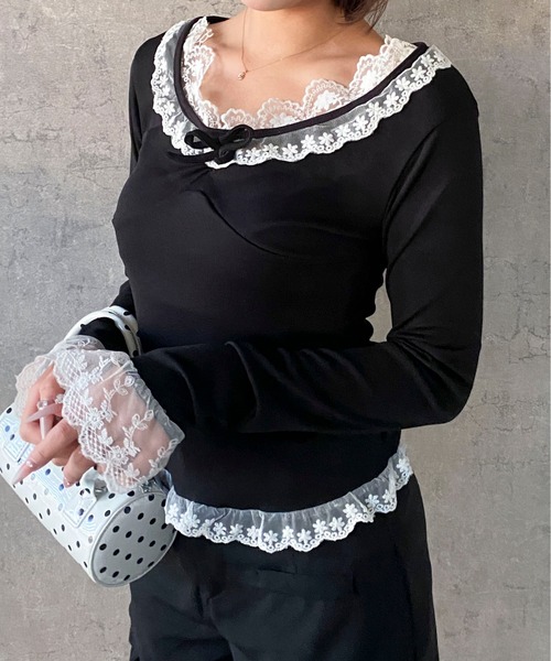 Mejoul（メジュール）の「【2026春夏新作】配色レースフリルリボンタイトカットソー（Tシャツ/カットソー・レディース・ブラック/アイボリー・S/M）」の12枚目の写真