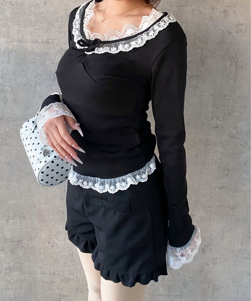 Mejoul（メジュール）の「【2026春夏新作】配色レースフリルリボンタイトカットソー（Tシャツ/カットソー・レディース・ブラック/アイボリー・S/M）」の14枚目の写真