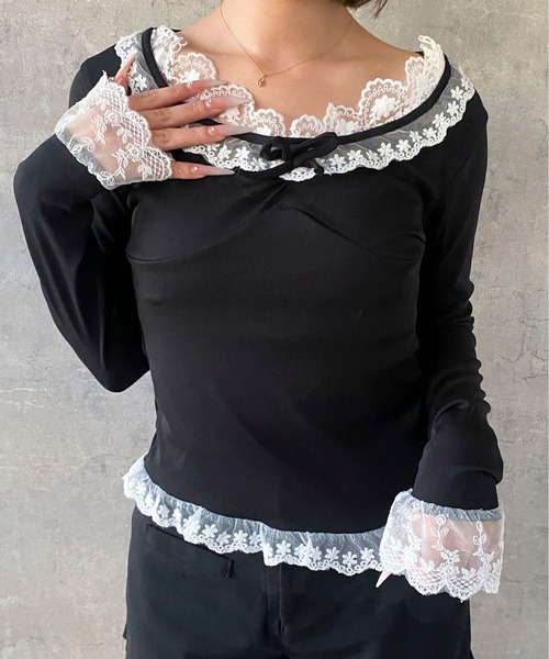 Mejoul（メジュール）の「【2026春夏新作】配色レースフリルリボンタイトカットソー（Tシャツ/カットソー・レディース・ブラック/アイボリー・S/M）」の15枚目の写真