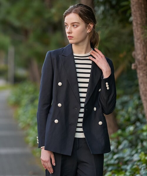 DRESSTERIOR（ドレステリア）の「【セットアップ可】リネンブレンドWブレストジャケット（テーラードジャケット・レディース・オフホワイト/ネイビー/サックスブルー/ライトベージュ・38/34/36）」の6枚目の写真