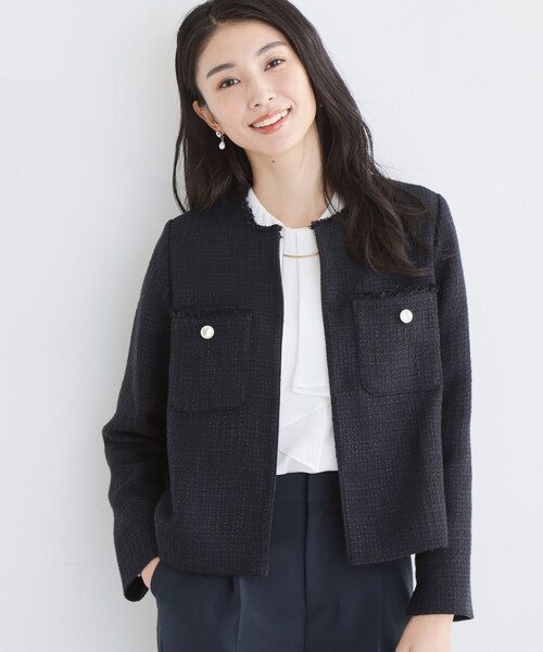 セール】【通勤・セレモニー】ツイードノーカラージャケット（ノー