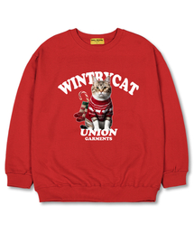 ウィンターキャット オーバーサイズ スウェットクリスマスTシャツ [裏起毛]レッド