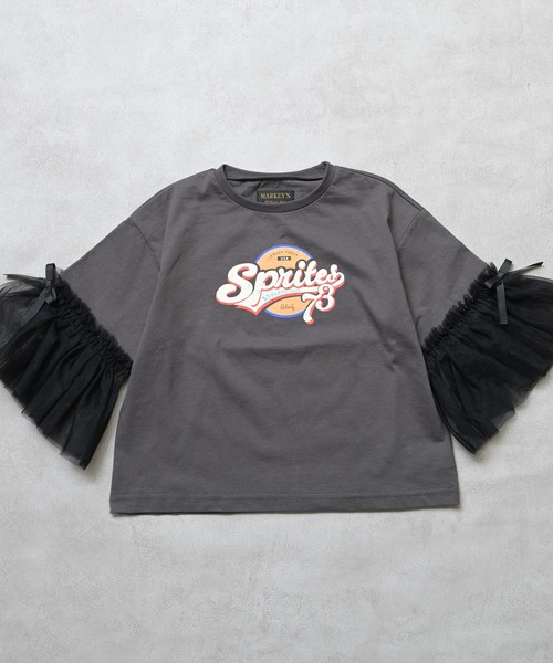 MARKEY'S（マーキーズ）の「袖チュールプリントTee（Tシャツ/カットソー・キッズ・ピンク/ラベンダー/ブラック・150/140/130/120/110/100/90）」の2枚目の写真