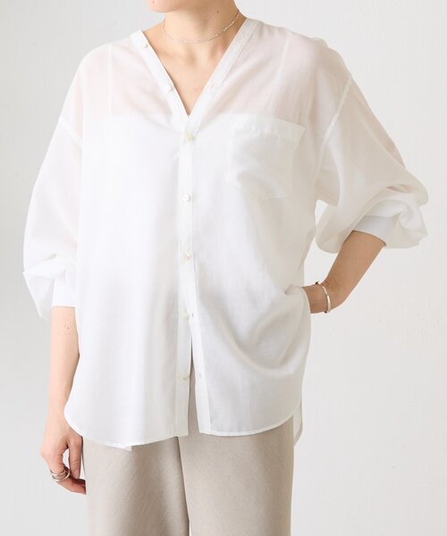 BEARDSLEY（ビアズリー）の「シアーカラーレスシャツ（シャツ/ブラウス・レディース・ライトグレー/ホワイト・FREE）」の2枚目の写真