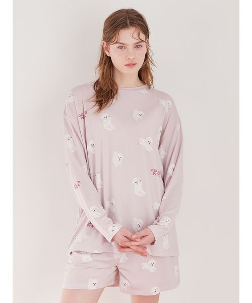 ジェラートピケ スリープドッグ柄 ロンT ロングパンツ セット　ジェラピケ　新品 ドッグ柄ロンT（ルームウェア/パジャマ）｜gelato pique（ジェラート