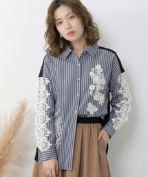 iS ScoLar | 561228：花蝶刺繍レース×ストライプ柄配色シャツ(シャツ/ブラウス)