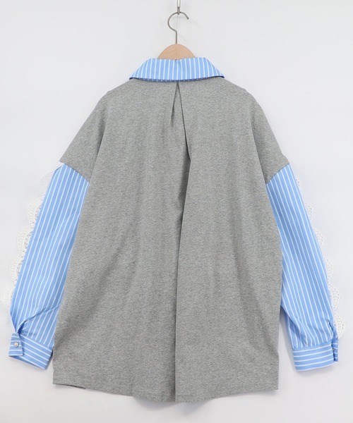 iS ScoLar（イズスカラー）の「561228：花蝶刺繍レース×ストライプ柄配色シャツ（シャツ/ブラウス・レディース・ネイビー/サックスブルー・M）」の5枚目の写真