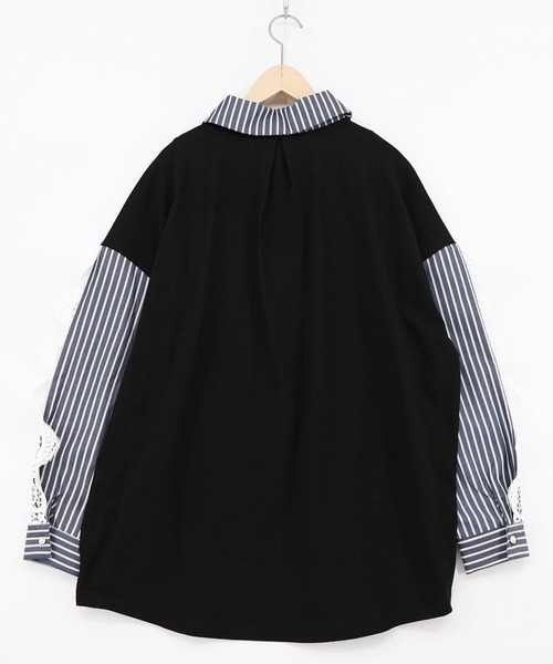 iS ScoLar（イズスカラー）の「561228：花蝶刺繍レース×ストライプ柄配色シャツ（シャツ/ブラウス・レディース・ネイビー/サックスブルー・M）」の8枚目の写真