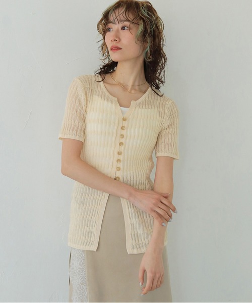 CLEIO(クレイオ)の「【CLEIO】シャーリングライクリブ半袖カーディガン(カーディガン/ボレロ・レディース・ブラウン/ミント/ネイビー/アイボリー・FREE)」の1枚目の写真