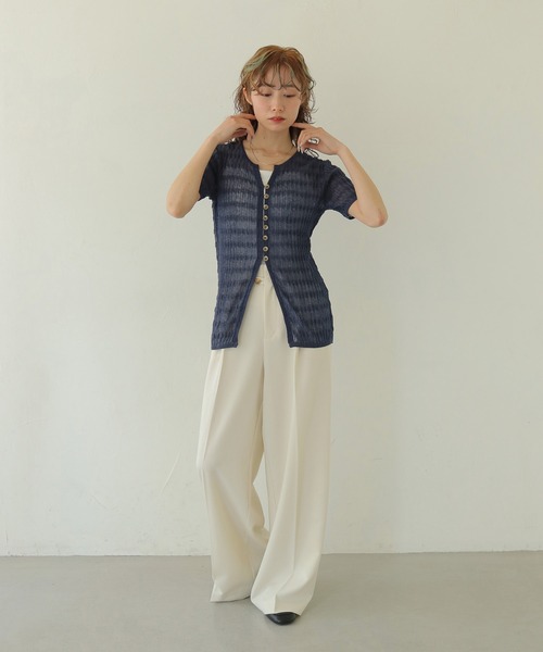CLEIO(クレイオ)の「【CLEIO】シャーリングライクリブ半袖カーディガン(カーディガン/ボレロ・レディース・ブラウン/ミント/ネイビー/アイボリー・FREE)」の5枚目の写真