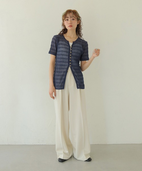 CLEIO(クレイオ)の「【CLEIO】シャーリングライクリブ半袖カーディガン(カーディガン/ボレロ・レディース・ブラウン/ミント/ネイビー/アイボリー・FREE)」の6枚目の写真