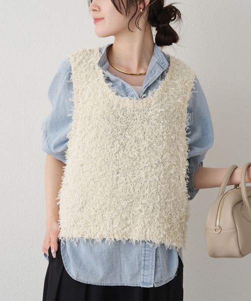 PUAL CE CIN(ピュアルセシン)の「リボンヤーンビスチェ(ニット/セーター・レディース・ブラック/アイボリー・FREE)」の3枚目の写真