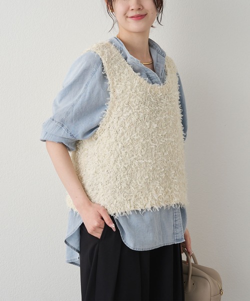 PUAL CE CIN(ピュアルセシン)の「リボンヤーンビスチェ(ニット/セーター・レディース・ブラック/アイボリー・FREE)」の4枚目の写真