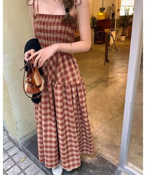 inst.ALL(インストール)の「チェック柄ロングフレアキャミワンピース(ワンピース・レディース・ネイビー/ベージュ/レッド・M)」の7枚目の写真