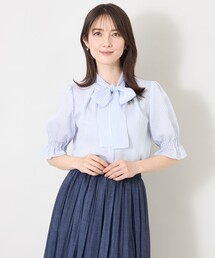 デニムプリント フリルボートネックブラウス（シャツ/ブラウス）｜TO 