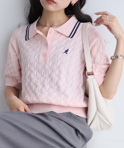 KANGOL(カンゴール)の「【KANGOL/カンゴール】別注 ワンポイント刺繍 配色ライン 半袖 ニットポロ(ニット/セーター・レディース・ネイビー/ピンク/ミックスグレー/アイボリー/ブルー・M/L)」の5枚目の写真