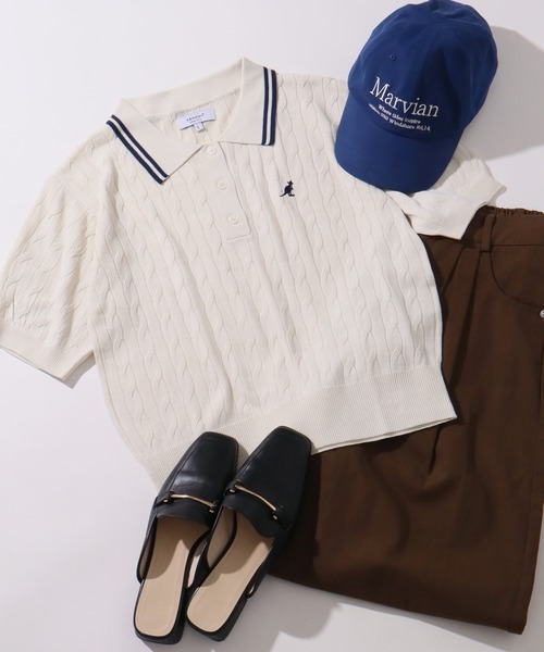KANGOL(カンゴール)の「【KANGOL/カンゴール】別注 ワンポイント刺繍 配色ライン 半袖 ニットポロ(ニット/セーター・レディース・ネイビー/ピンク/ミックスグレー/アイボリー/ブルー・M/L)」の1枚目の写真