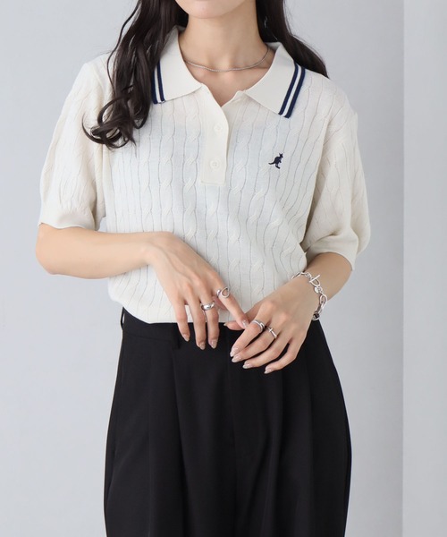 KANGOL(カンゴール)の「【KANGOL/カンゴール】別注 ワンポイント刺繍 配色ライン 半袖 ニットポロ(ニット/セーター・レディース・ネイビー/ピンク/ミックスグレー/アイボリー/ブルー・M/L)」の21枚目の写真