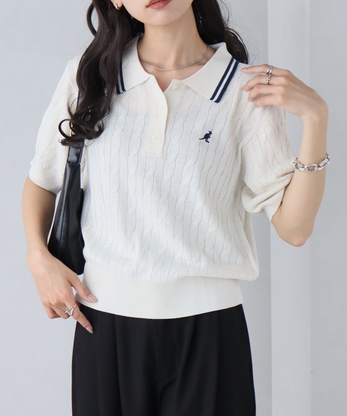 KANGOL(カンゴール)の「【KANGOL/カンゴール】別注 ワンポイント刺繍 配色ライン 半袖 ニットポロ(ニット/セーター・レディース・ネイビー/ピンク/ミックスグレー/アイボリー/ブルー・M/L)」の20枚目の写真