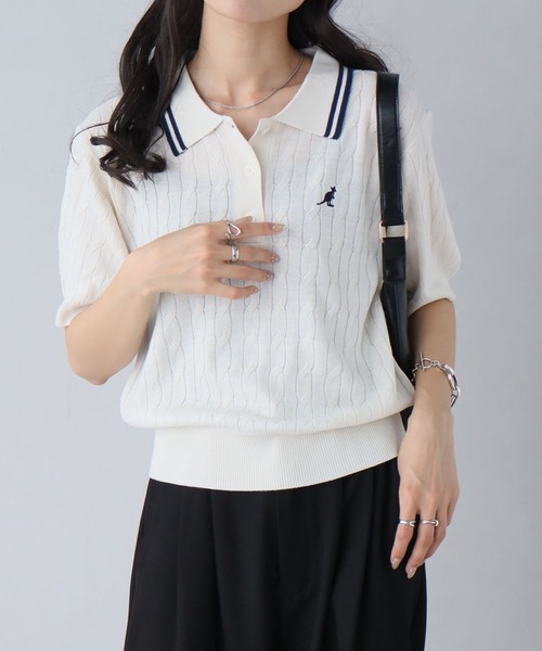 KANGOL(カンゴール)の「【KANGOL/カンゴール】別注 ワンポイント刺繍 配色ライン 半袖 ニットポロ(ニット/セーター・レディース・ネイビー/ピンク/ミックスグレー/アイボリー/ブルー・M/L)」の14枚目の写真