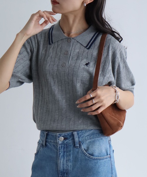KANGOL(カンゴール)の「【KANGOL/カンゴール】別注 ワンポイント刺繍 配色ライン 半袖 ニットポロ(ニット/セーター・レディース・ネイビー/ピンク/ミックスグレー/アイボリー/ブルー・M/L)」の7枚目の写真