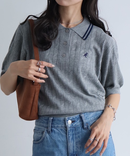 KANGOL(カンゴール)の「【KANGOL/カンゴール】別注 ワンポイント刺繍 配色ライン 半袖 ニットポロ(ニット/セーター・レディース・ネイビー/ピンク/ミックスグレー/アイボリー/ブルー・M/L)」の6枚目の写真