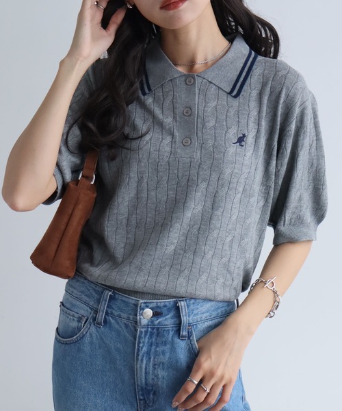 KANGOL(カンゴール)の「【KANGOL/カンゴール】別注 ワンポイント刺繍 配色ライン 半袖 ニットポロ(ニット/セーター・レディース・ネイビー/ピンク/ミックスグレー/アイボリー/ブルー・M/L)」の10枚目の写真