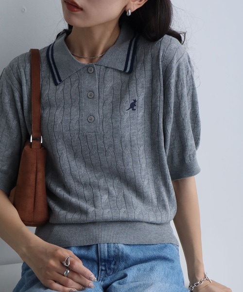 KANGOL(カンゴール)の「【KANGOL/カンゴール】別注 ワンポイント刺繍 配色ライン 半袖 ニットポロ(ニット/セーター・レディース・ネイビー/ピンク/ミックスグレー/アイボリー/ブルー・M/L)」の8枚目の写真