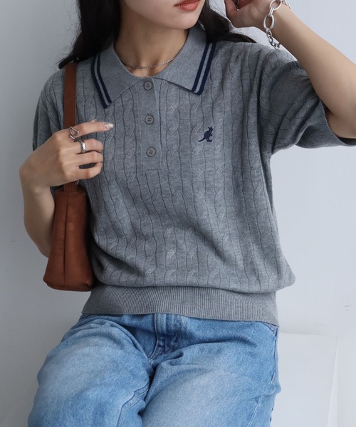 KANGOL(カンゴール)の「【KANGOL/カンゴール】別注 ワンポイント刺繍 配色ライン 半袖 ニットポロ(ニット/セーター・レディース・ネイビー/ピンク/ミックスグレー/アイボリー/ブルー・M/L)」の12枚目の写真
