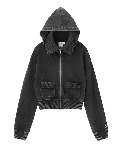 X-girl(エックスガール)の「FADED SWEAT AND RIB ZIP UP COMPACT HOODIE(パーカー・レディース・ブラック/オリーブ・S/M)」の2枚目の写真