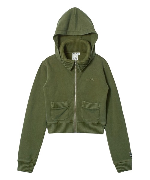 X-girl(エックスガール)の「FADED SWEAT AND RIB ZIP UP COMPACT HOODIE(パーカー・レディース・ブラック/オリーブ・S/M)」の15枚目の写真