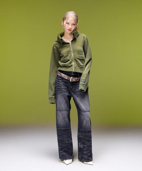 X-girl(エックスガール)の「FADED SWEAT AND RIB ZIP UP COMPACT HOODIE(パーカー・レディース・ブラック/オリーブ・S/M)」の10枚目の写真